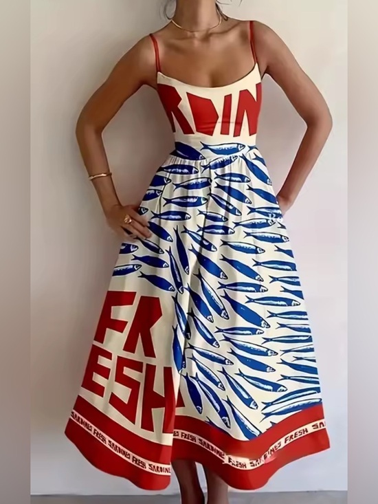 Dresses & Skirts - NEW Santorini Graphic Red & Blue Sleeveless A-Line Midi Dress